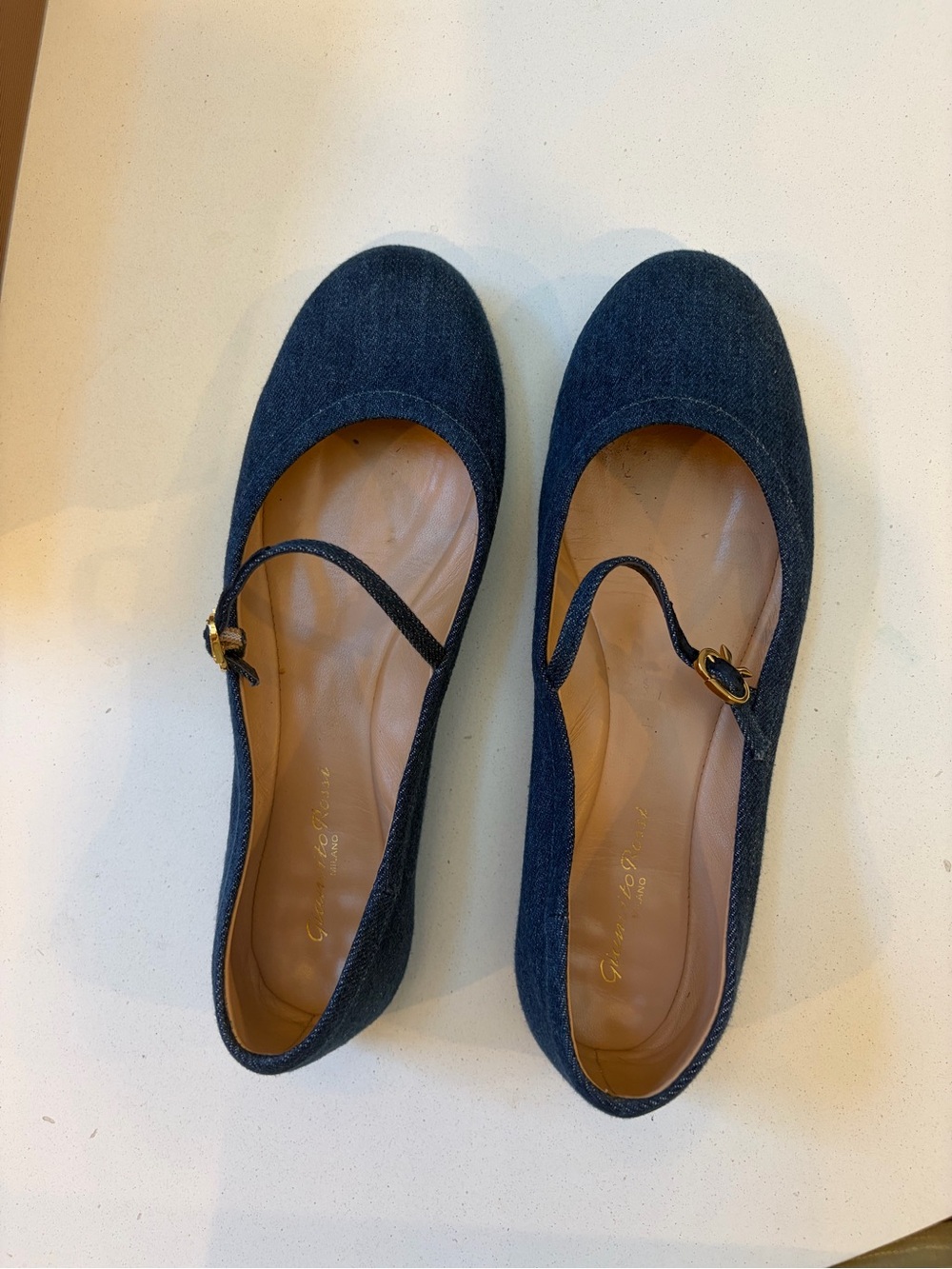 Gianvito Rossi Denim Mary Jane Flats in Dark Blue with Gold Buckle